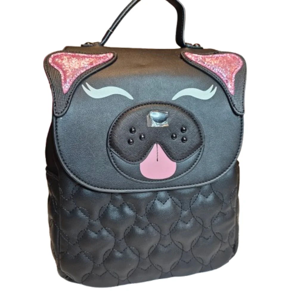 Betsey Johnson XO Buddy Dog Backpack Black Pink Quilted NWT
